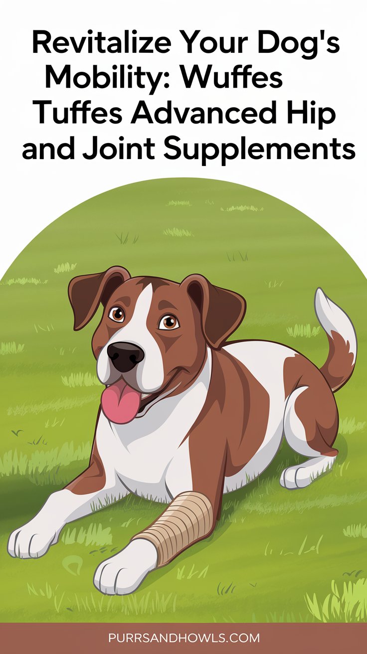 A Pinterest pin with a cartoon-style dog with a bandage on its leg. The dog is lying on a grassy field. The text at the top of the pin says "Revitalize Your Dog's Mobility: Wuffes Advanced Hip and Joint Supplements". The footer text says "purrsandhowls.com".